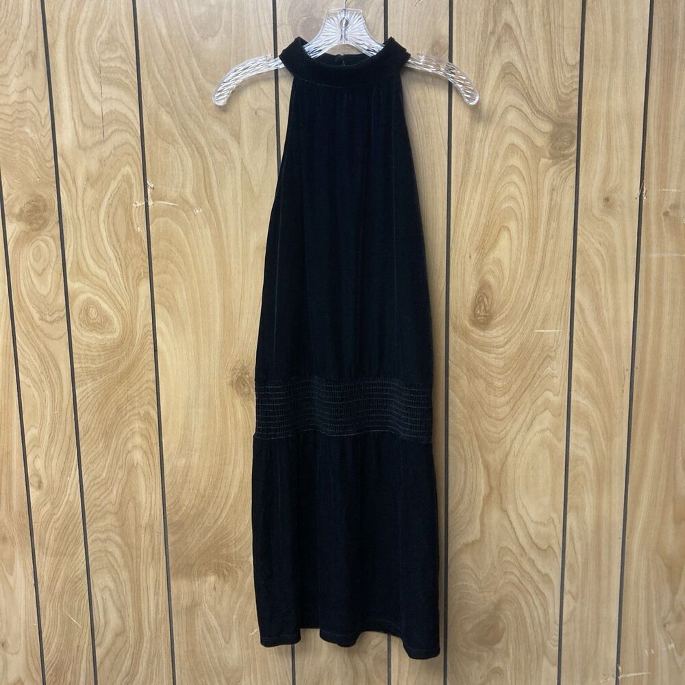 VERONICA M black velvet velour sleeveless smocked waist halter dress S